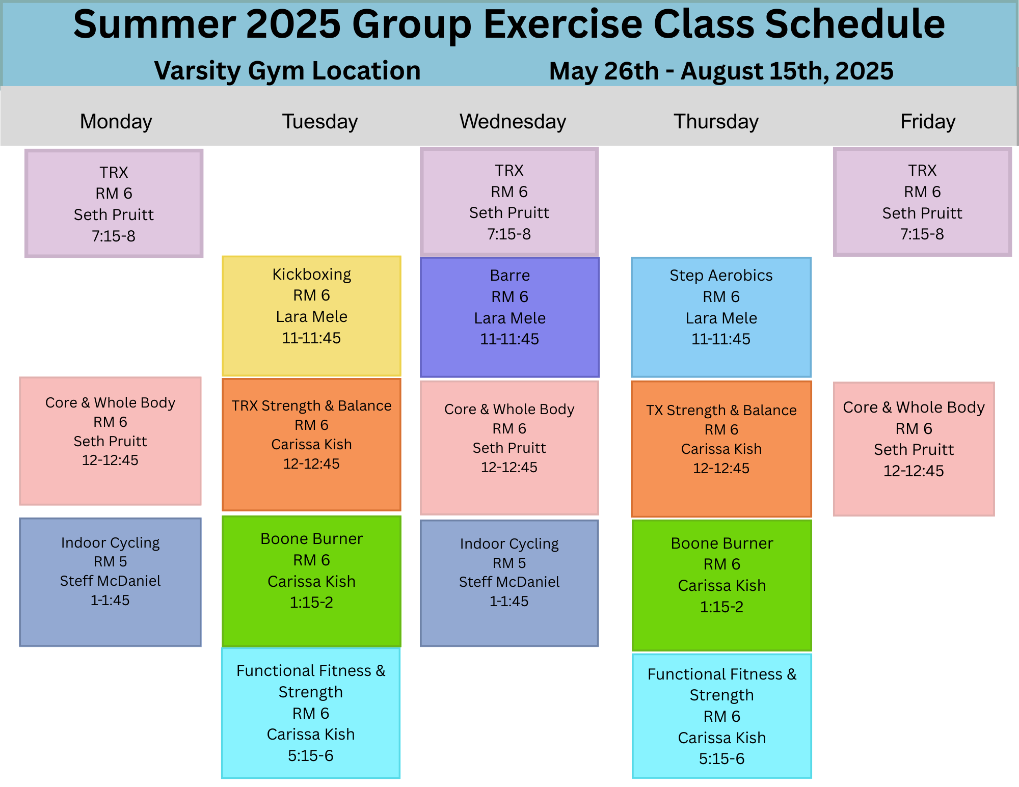 Weekly group class calendar