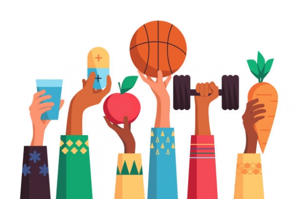 Individual hands holding water, fruit, and a dumbbell
