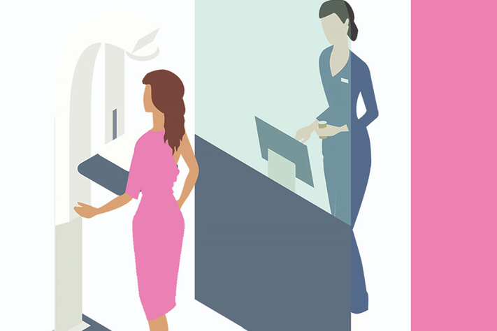 Illustration of a person using a screening device while another person stands at a nearby reception desk.
