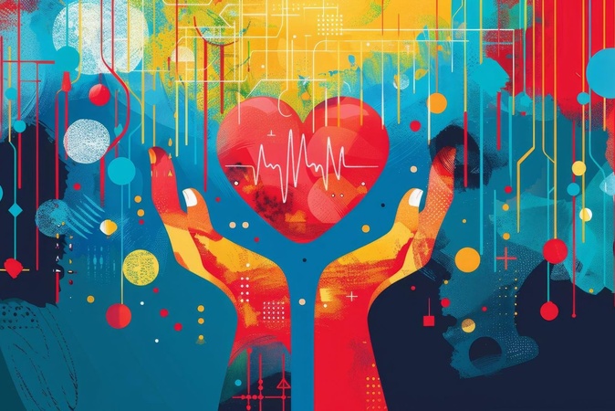 Artistic rendering of hands holding wellness heart