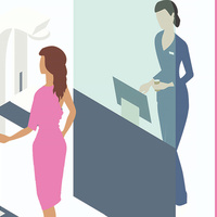 Illustration of a person using a screening device while another person stands at a nearby reception desk.